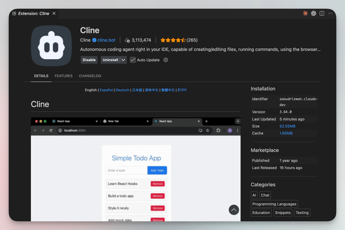 Страница расширения Cline в VS Code Marketplace